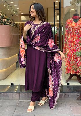 Wine Embroidered Rayon Anarkali Set With Dupatta
