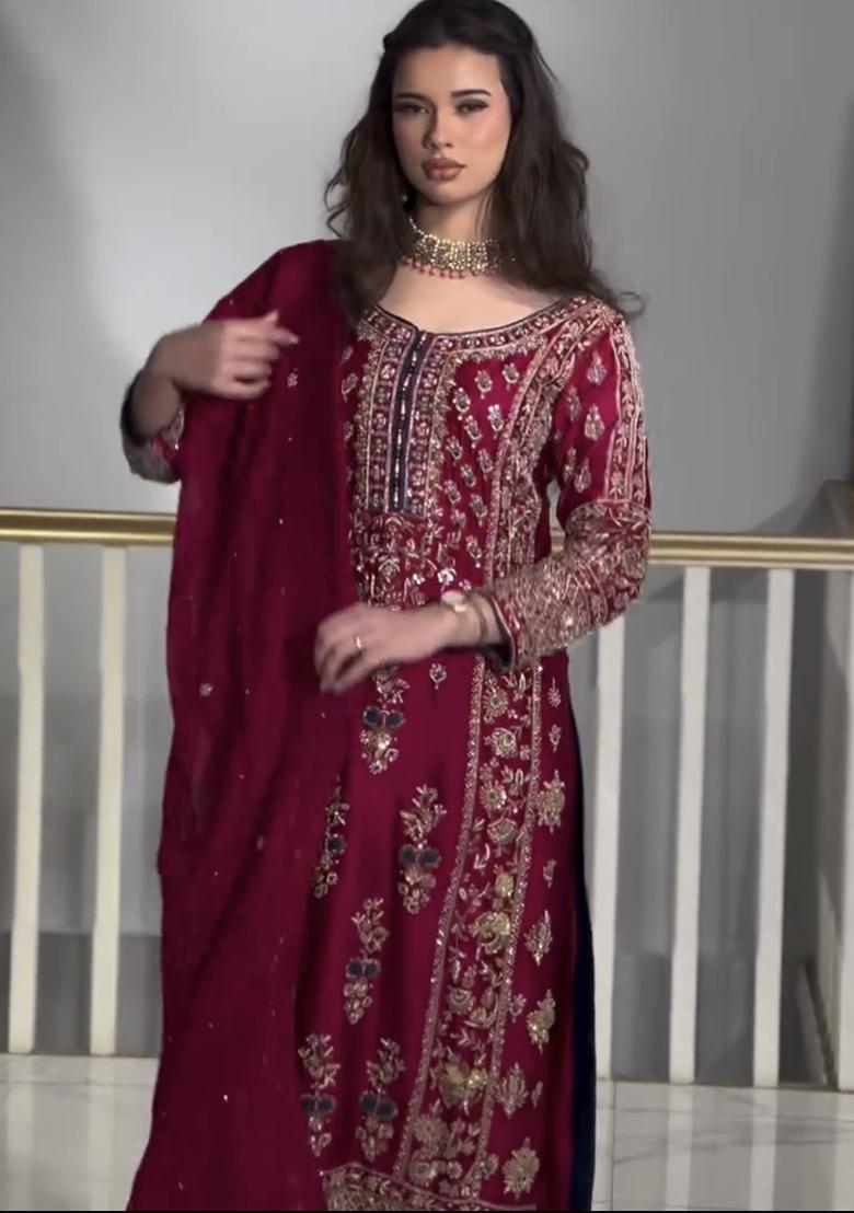 Rani Pink  Embroidered Silk Salwar Kameez With Dupatta