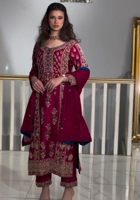 Rani Pink  Embroidered Silk Salwar Kameez With Dupatta