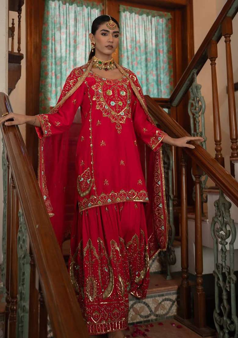 Red Embroidered Silk Blend Sharara Set - Indya