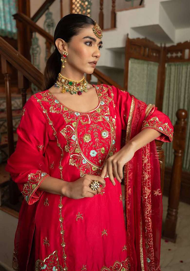 Red Embroidered Silk Blend Sharara Set - Indya