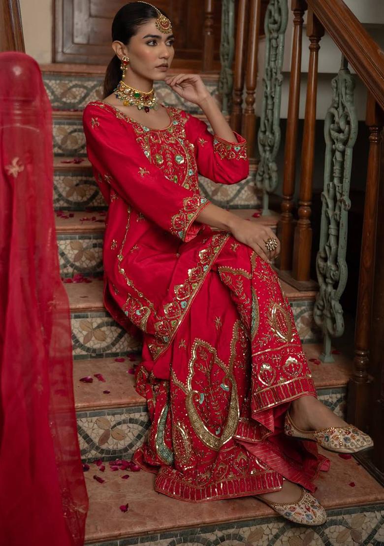 Red Embroidered Silk Salwar Kameez With Dupatta