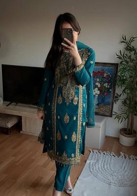 Teal Green  Embroidered Silk Salwar Kameez With Dupatta