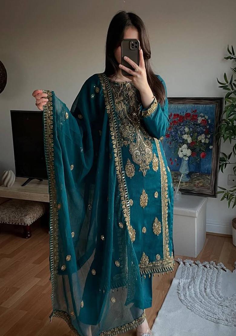 Teal Green  Embroidered Silk Salwar Kameez With Dupatta