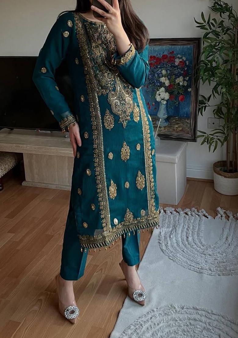 Teal Green  Embroidered Silk Salwar Kameez With Dupatta