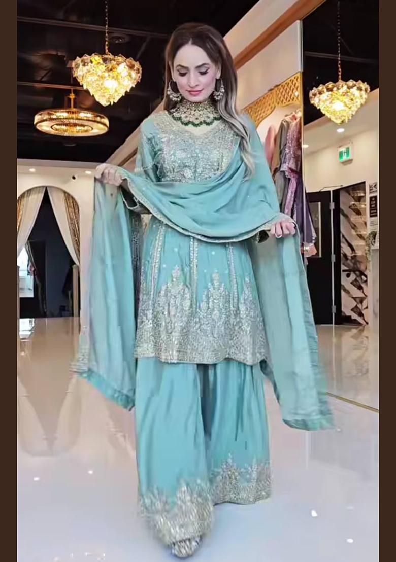 Sky Embroidered Silk Salwar Kameez With Dupatta