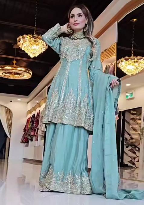 Sky Embroidered Silk Salwar Kameez With Dupatta