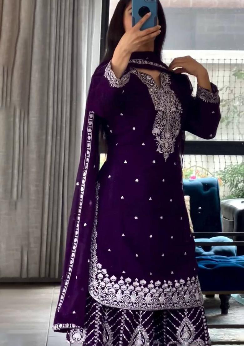 Purple  Embroidered Silk Salwar Kameez With Dupatta