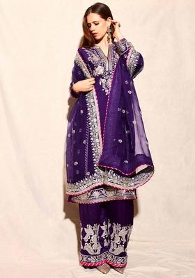 Purple  Embroidered Silk Salwar Kameez With Dupatta