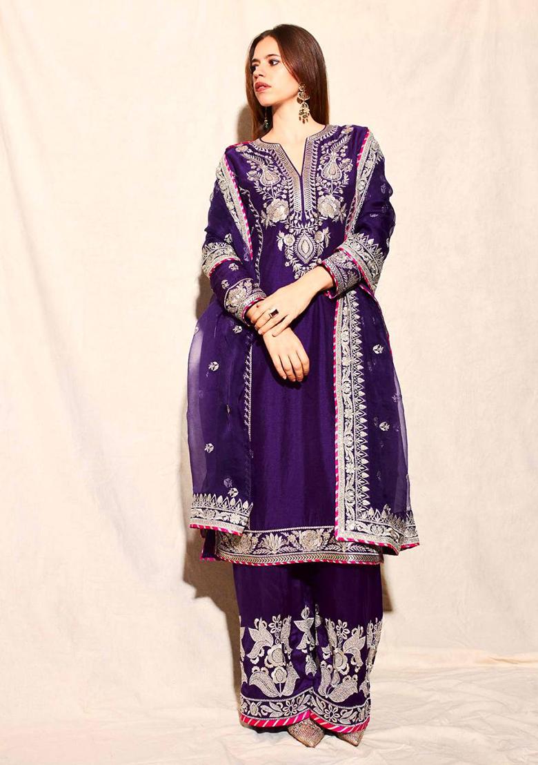 Purple  Embroidered Silk Salwar Kameez With Dupatta