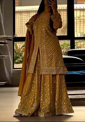 Yellow Embroidered Georgette Salwar Kameez With Dupatta