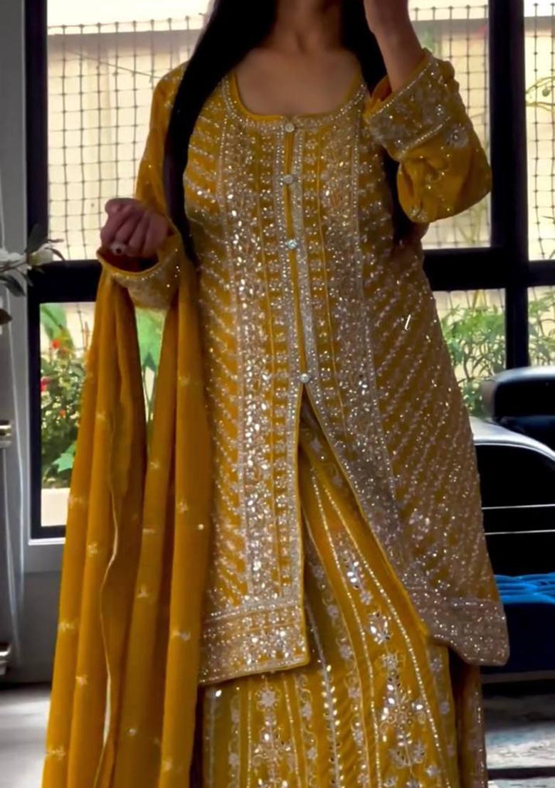 Yellow Embroidered Georgette Salwar Kameez With Dupatta