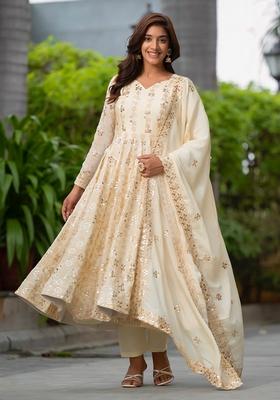 Off White  Embroidered Silk Salwar Kameez With Dupatta