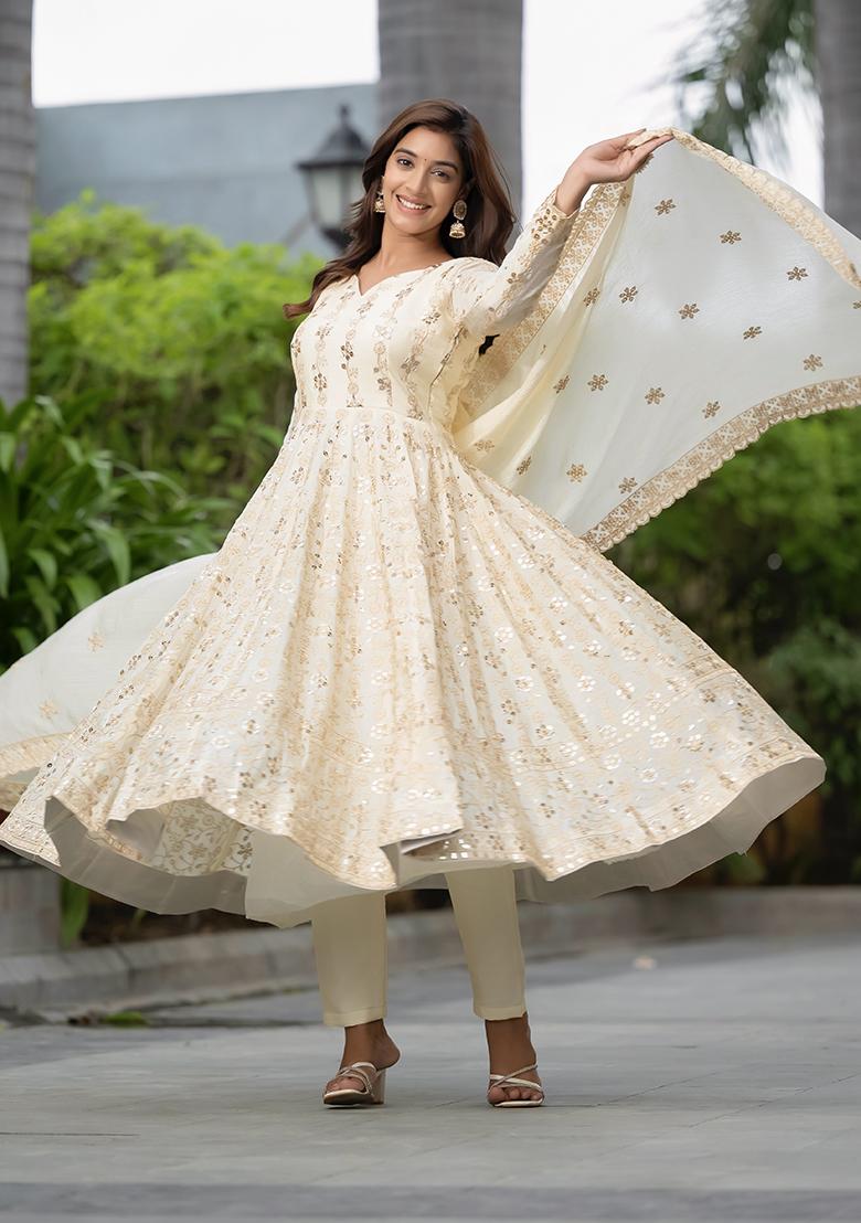 Off White  Embroidered Silk Salwar Kameez With Dupatta