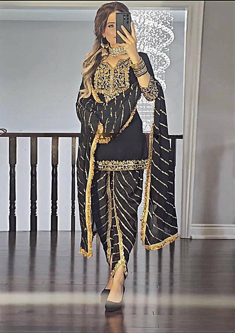 Black  Embroidered Silk Salwar Kameez With Dupatta