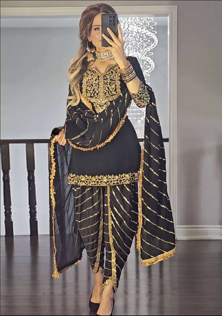 Black Embroidered Silk Blend Punjabi Suit - Indya