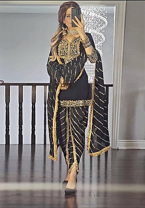 Black  Embroidered Silk Salwar Kameez With Dupatta