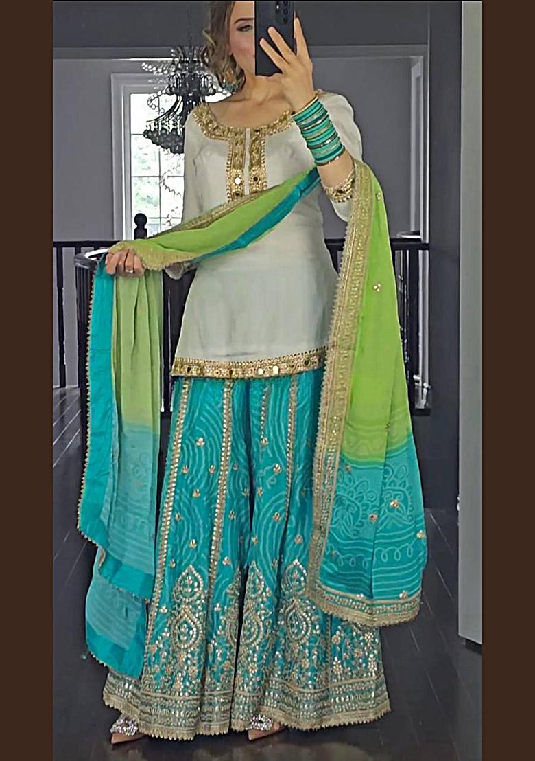 White -Green Embroidered Silk Sharara Set With Dupatta