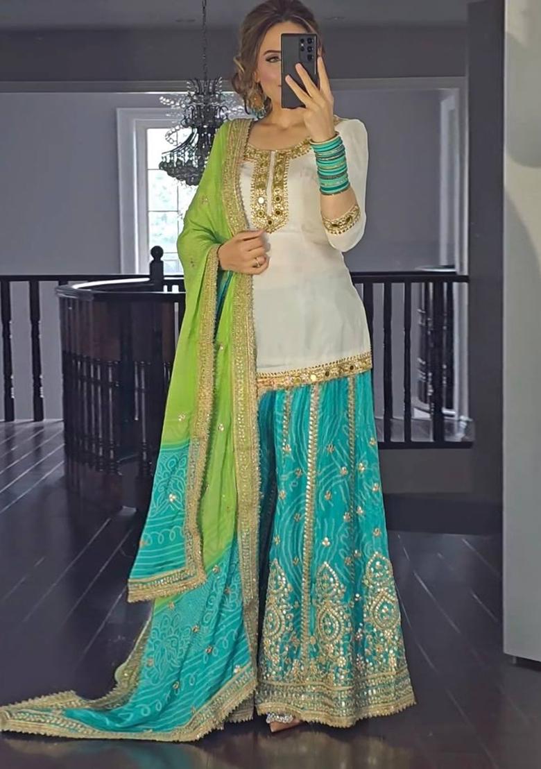 White -Green Embroidered Silk Sharara Set With Dupatta