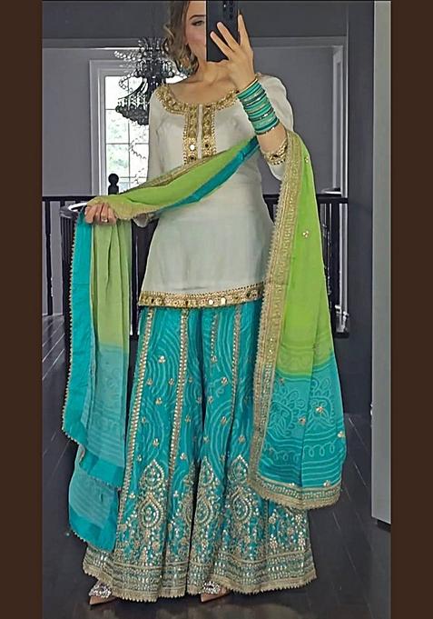 White -Green Embroidered Silk Sharara Set With Dupatta