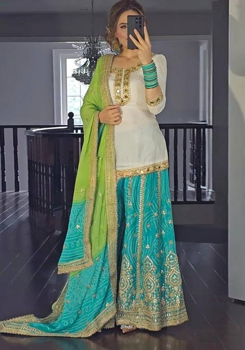 White -Green Embroidered Silk Sharara Set With Dupatta