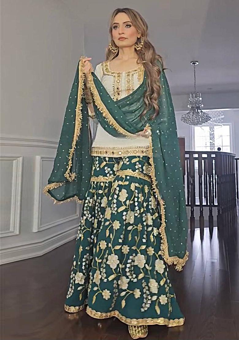 White -Green Embroidered Silk Sharara Set With Dupatta