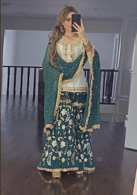 White -Green Embroidered Silk Sharara Set With Dupatta