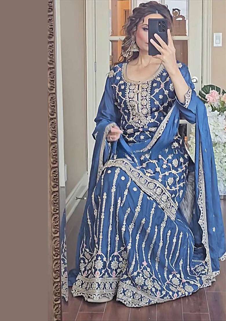 Rama Blue Embroidered Silk Blend Anarkali Set - Indya