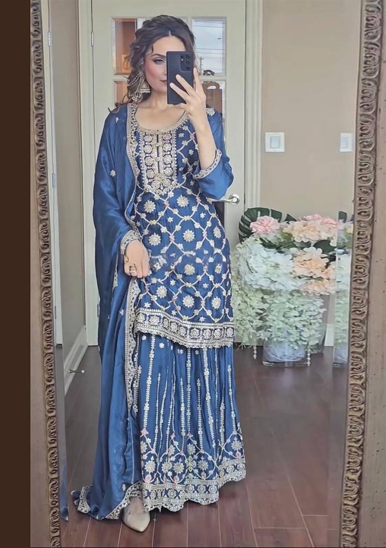 Rama Blue  Embroidered Silk Sharara Set With Dupatta