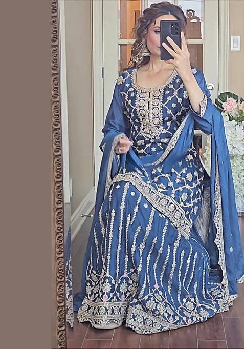 Rama Blue  Embroidered Silk Sharara Set With Dupatta