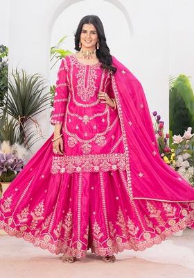 Pink Embroidered Silk Salwar Kameez With Dupatta