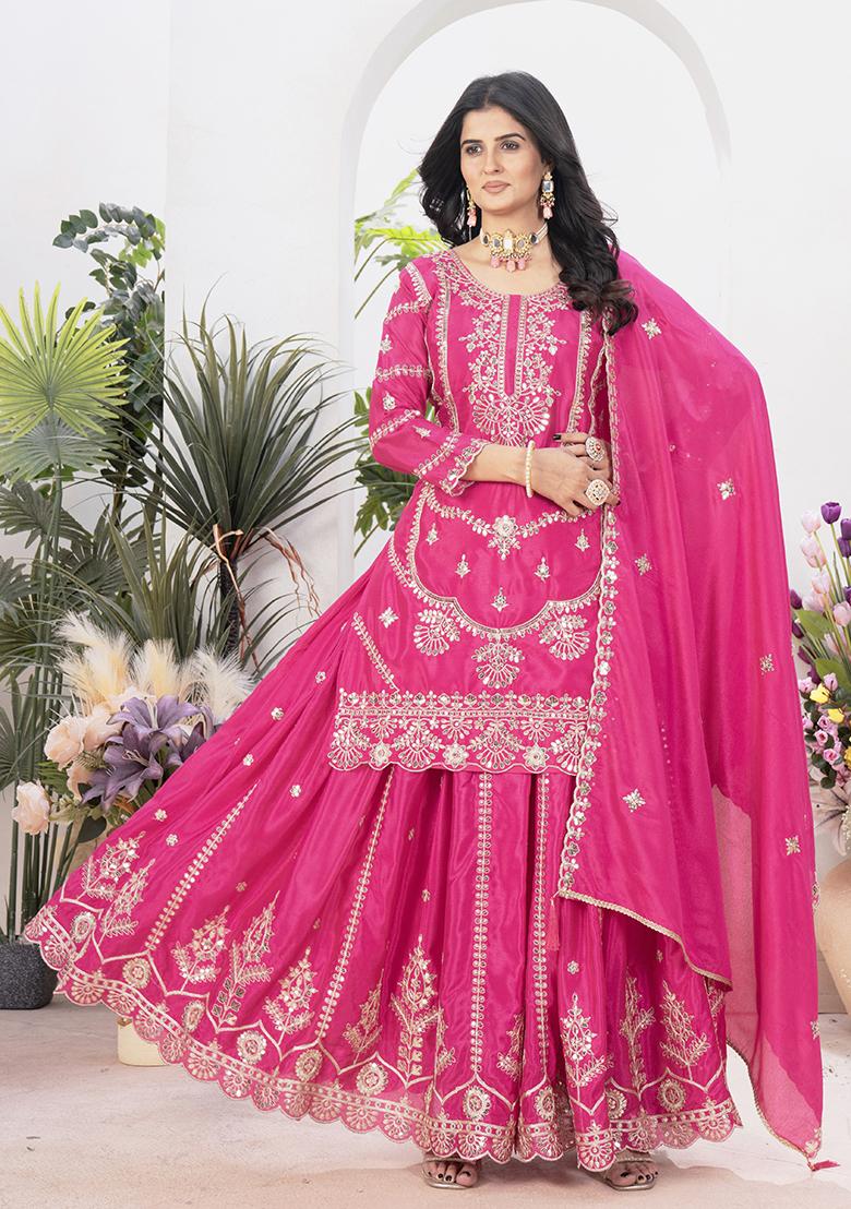 Pink Embroidered Silk Salwar Kameez With Dupatta