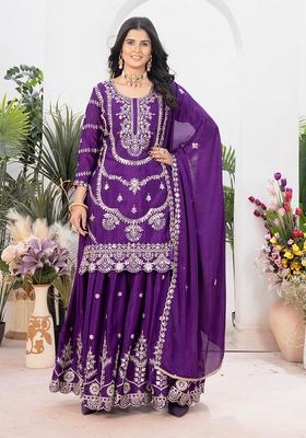 Purple  Embroidered Silk Salwar Kameez With Dupatta