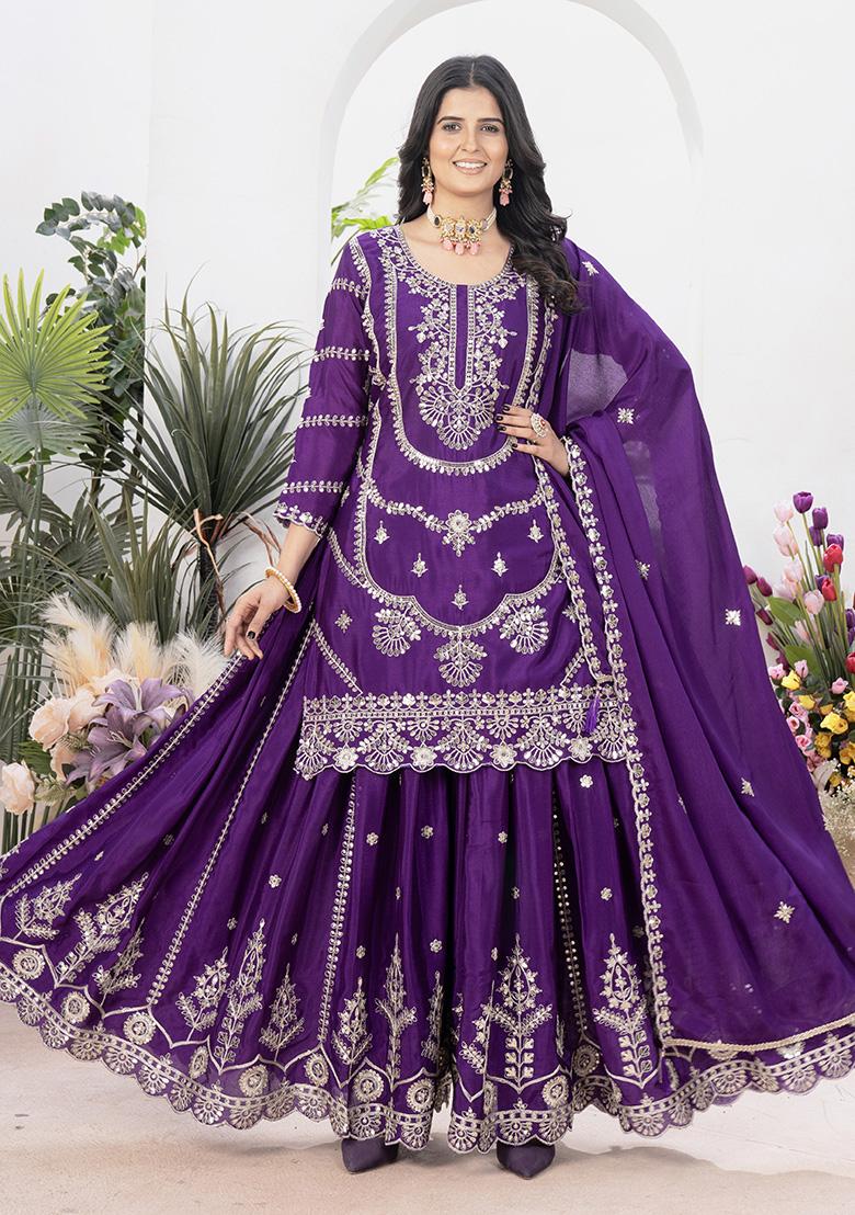 Purple  Embroidered Silk Salwar Kameez With Dupatta