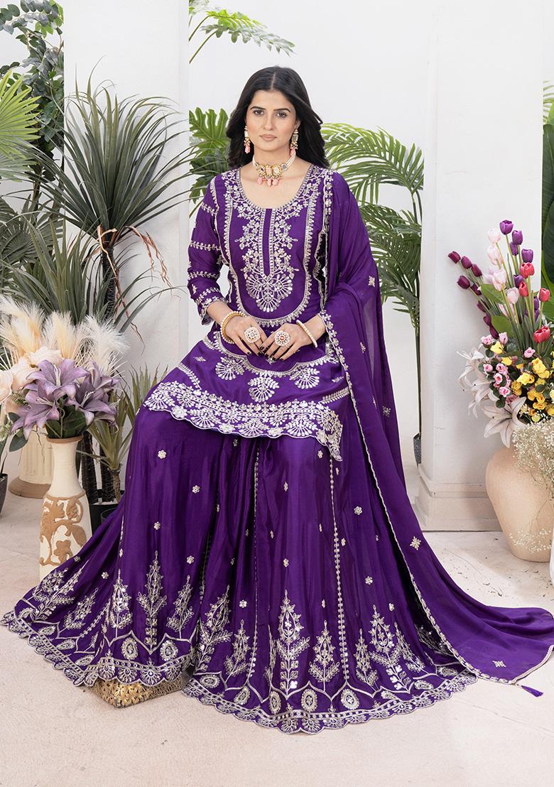 Purple  Embroidered Silk Salwar Kameez With Dupatta