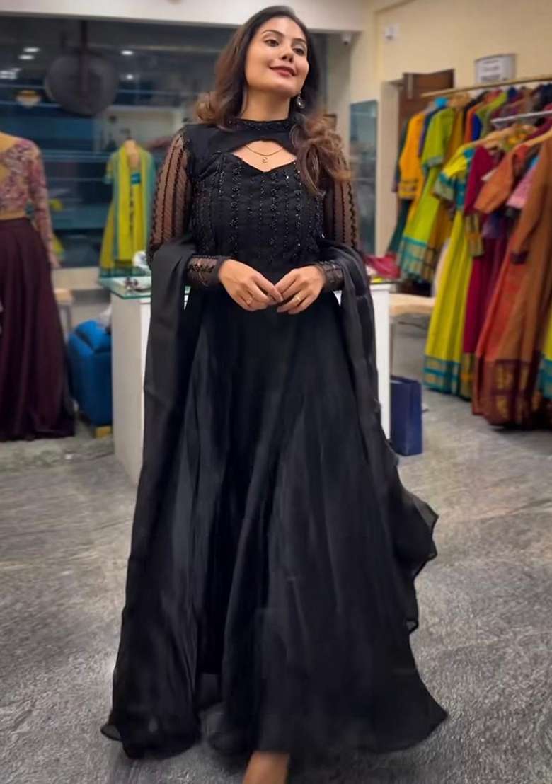 Black Embroidered Silk Blend Anarkali Set - Indya