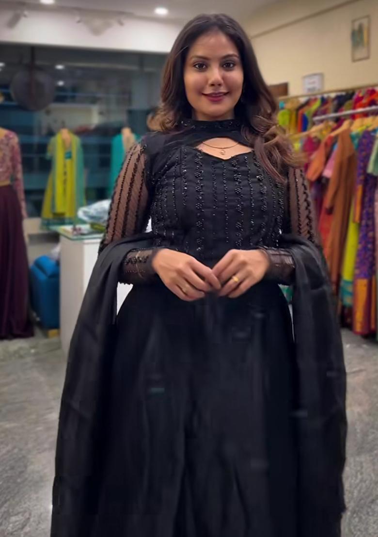 Black  Embroidered Silk Salwar Kameez With Dupatta