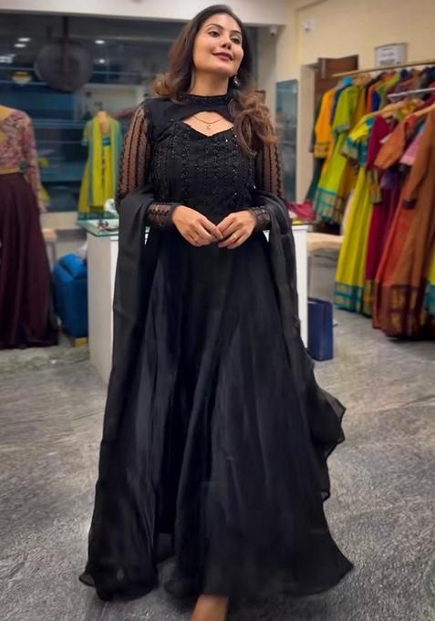Black  Embroidered Silk Salwar Kameez With Dupatta