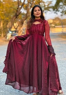 Maroon  Embroidered Silk Salwar Kameez With Dupatta