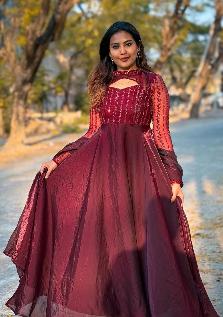 Maroon  Embroidered Silk Salwar Kameez With Dupatta