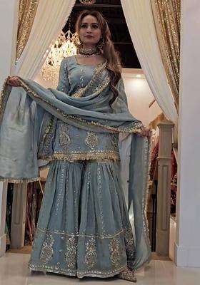 Grey  Embroidered Silk Salwar Kameez With Dupatta