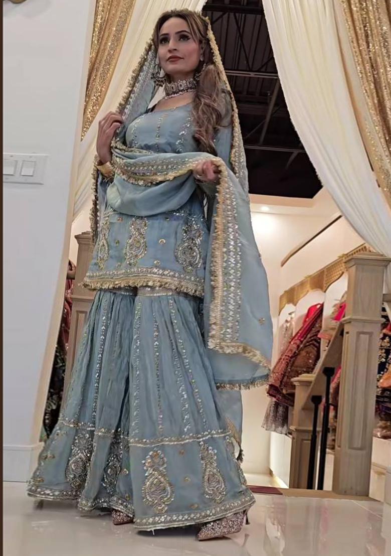 Grey  Embroidered Silk Salwar Kameez With Dupatta