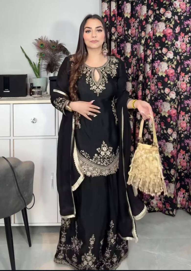 Black Embroidered Silk Blend Sharara Set - Indya