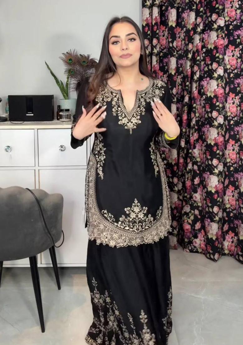 Black  Embroidered Silk Salwar Kameez With Dupatta