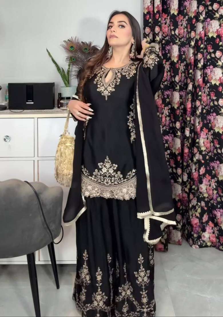Black Embroidered Silk Blend Sharara Set - Indya