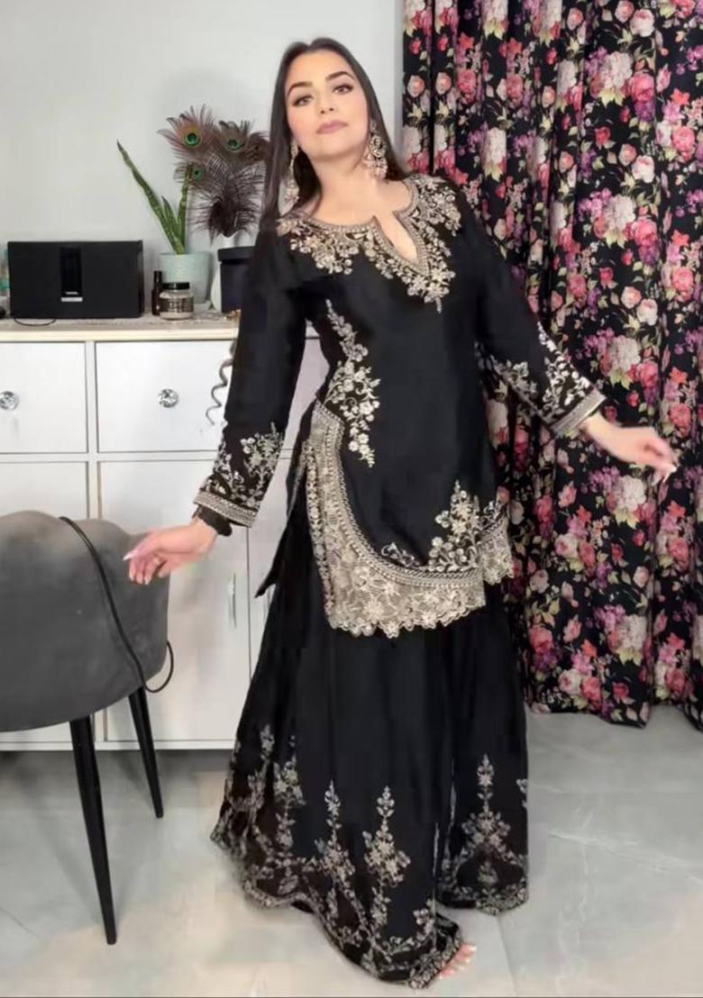 Black  Embroidered Silk Salwar Kameez With Dupatta