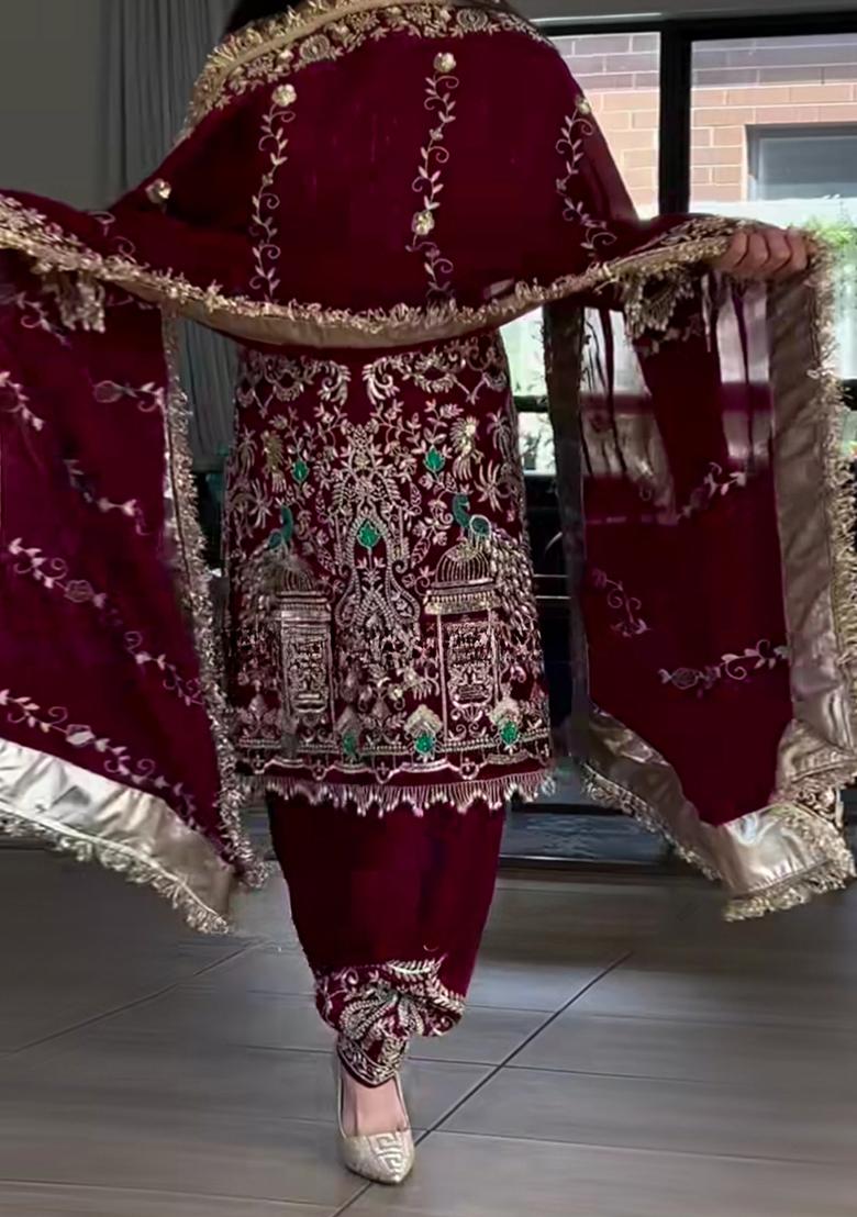 Purple  Embroidered Silk Salwar Kameez With Dupatta