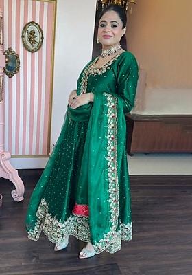 Green  Embroidered Cotton Salwar Kameez With Dupatta