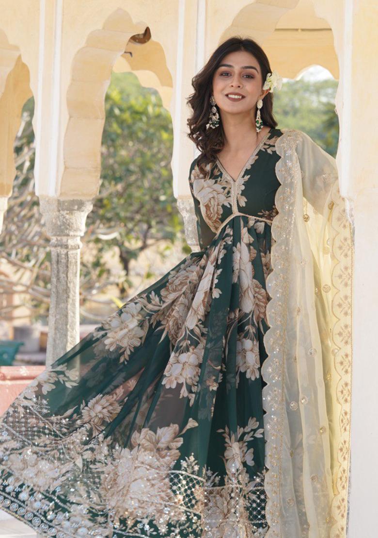 Green Embroidered Georgette Salwar Kameez With Dupatta