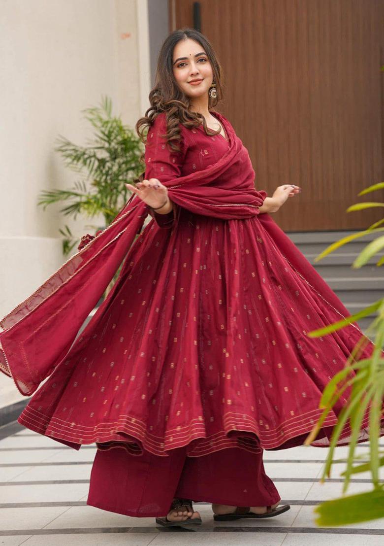 Maroon  Embroidered Poly Blend Salwar Kameez With Dupatta